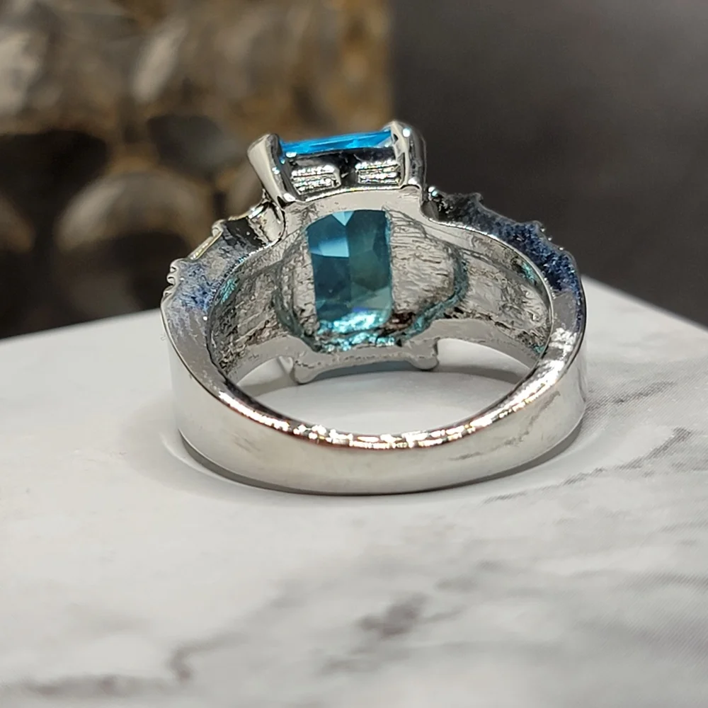 Silver Tone Simulated Blue Topaz Gemstone Ring